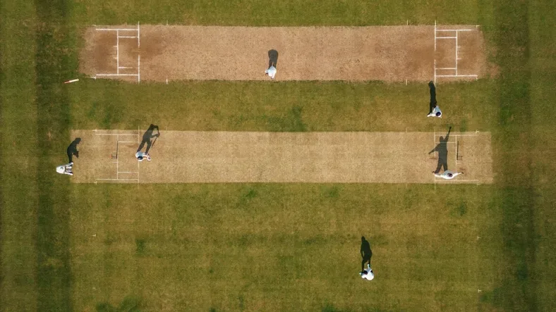 Aerial view of a cricket match in play